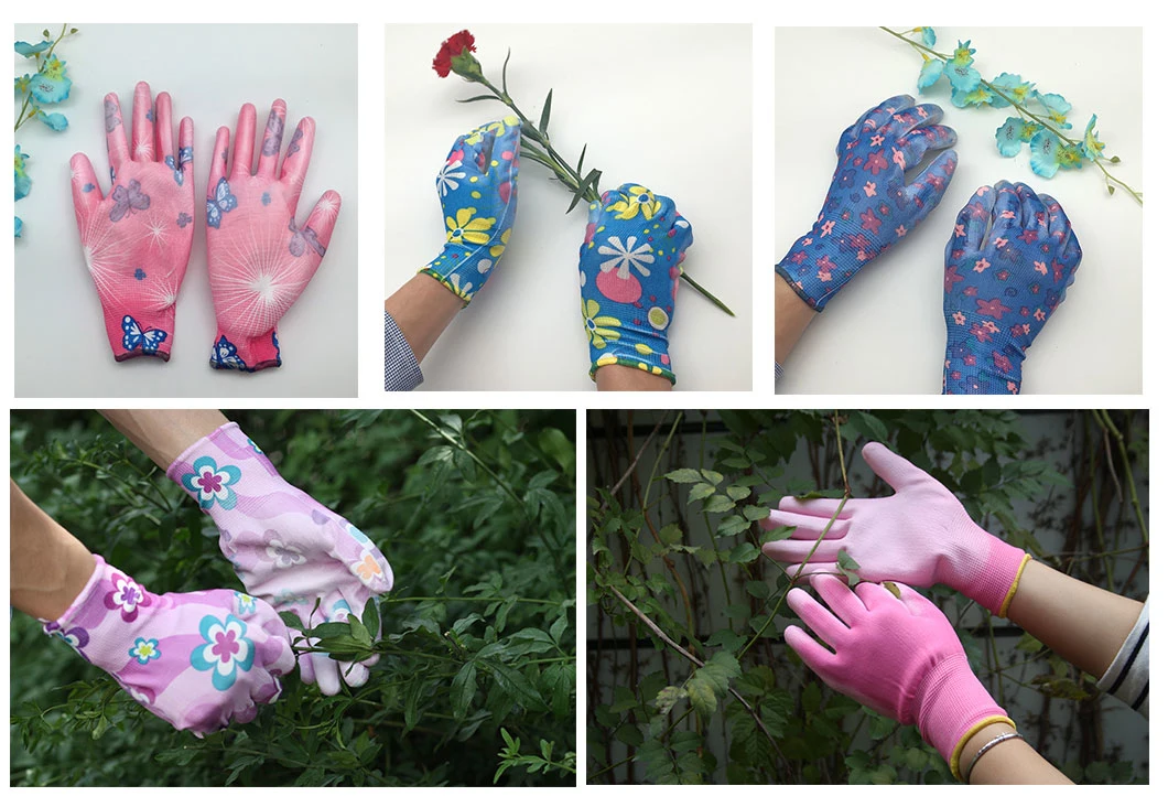 Nmsafety Flower Printed PU Coated Garden Work Ladies Hand Gloves