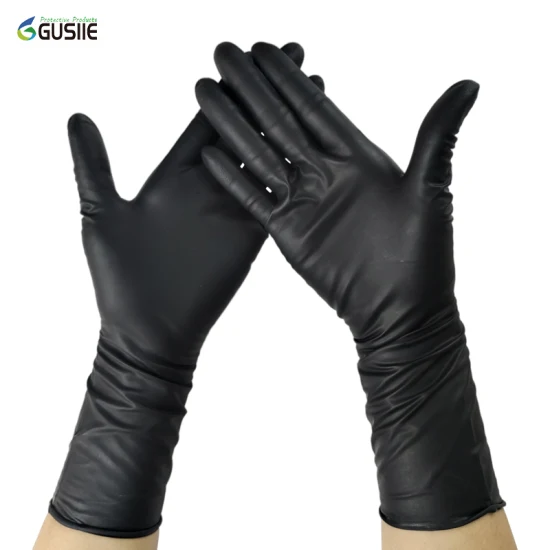 Gusiie 12 Zoll langer Handschuh, Einweg-Handschuh aus schwarzem, puderfreiem Chemikalienkautschuk, Sicherheitshandschuhe aus Nitril